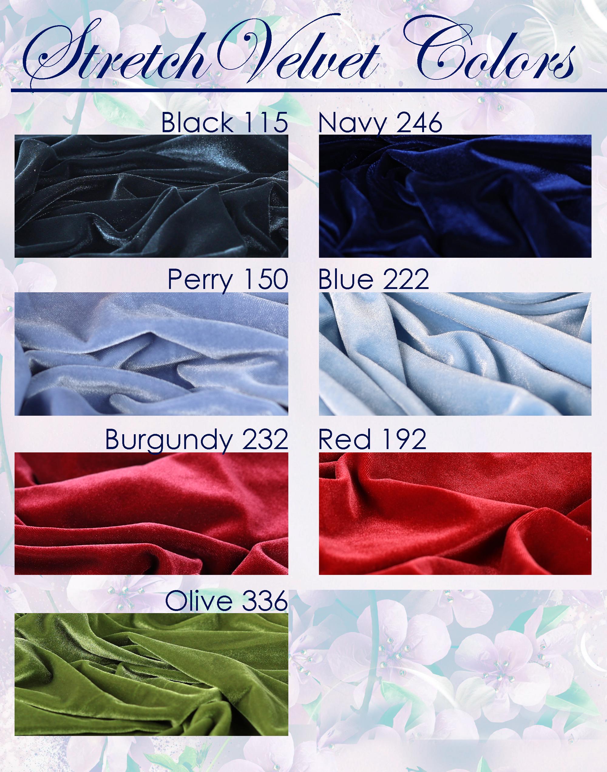 a collection of six different stretch velvet fabric colors, each with a unique pattern and hue. The colors include Black 115, Navy 246, Perry 150, Blue 222, Burgundy 232, and Red 192. The fabrics are arranged in a grid format, showcasing the variety of options available for textile design and fashion.