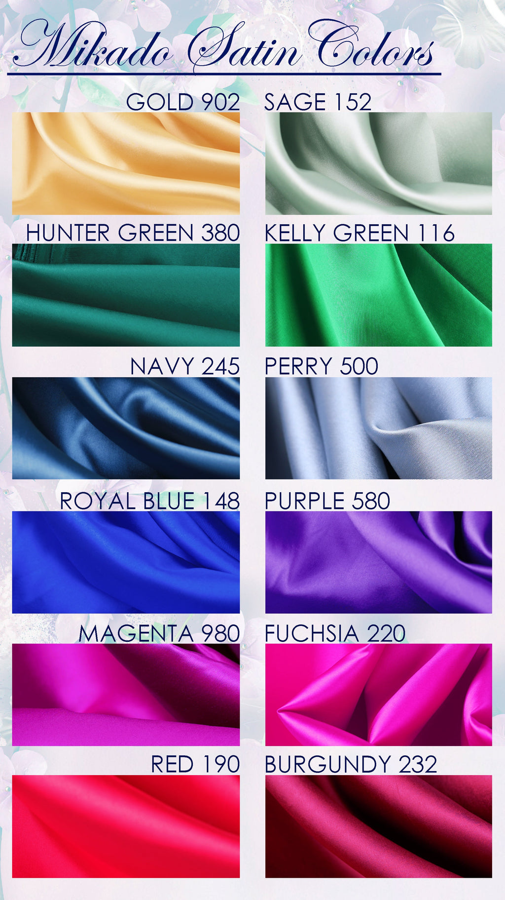 a collection of fabric colors, including gold, yellow, green, green, navy, purple, royal blue, purple, magenta, fuchsia, red, burgundy, and pink.