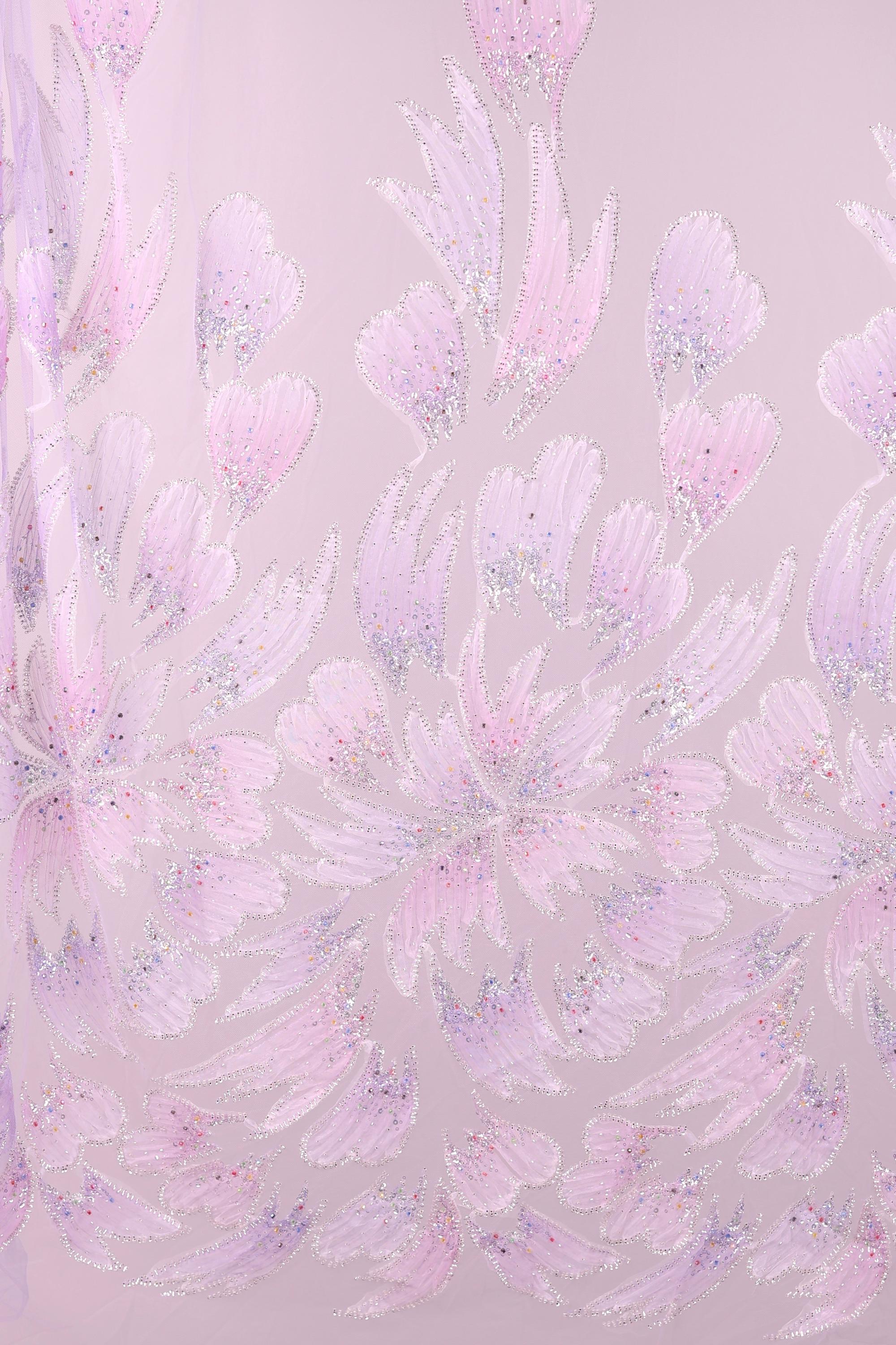 a pattern of pink and purple flowers with glittering details, creating a visually striking and intricate design.