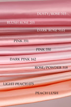 a collection of fabric swatches in various shades of pink, including "DUSTY/ROSE 315", "BLUSH ROSE 205", "PINK 350", "DARK ROSE 561", "PINK 350", "DARK PINK 16", "ROSE/POWDER 318", and "LIGHT PEACH 075" and "PEACH LUSH".