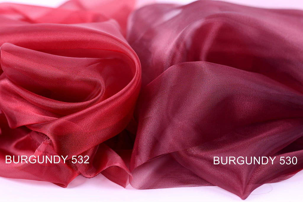 two close-up views of a red fabric, with the text "BURGundy 532" and "BURGundy 530" indicating the fabric's color and brand.