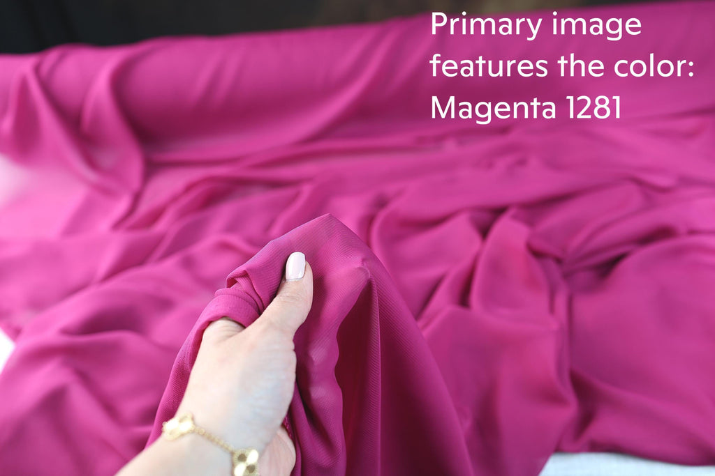 A hand holding a piece of pink fabric, with the text &quot;Primary image features the color Magenta 1281&quot; overlaid on the image.