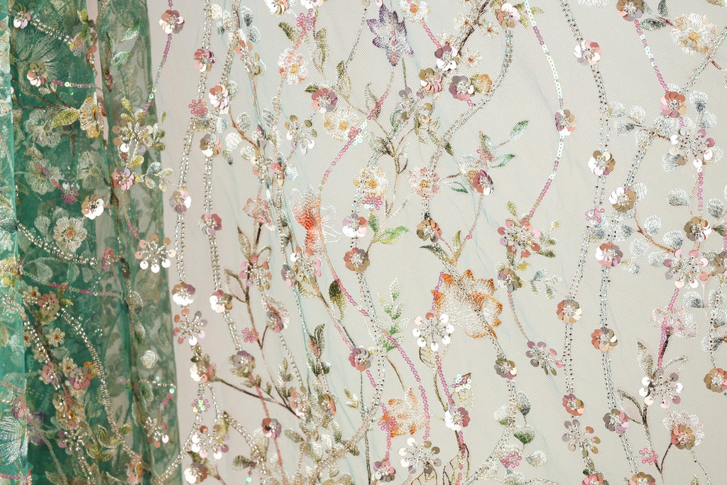 a close-up view of a fabric with a floral pattern, including various shades of pink, green, and white flowers and leaves. The fabric appears to be made of a sheer material, giving it a delicate and airy appearance. The intricate details and vibrant colors of the floral design create a visually appealing and eye-catching pattern.