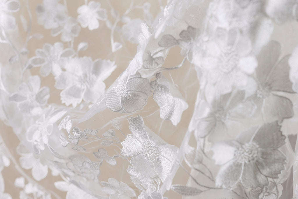 The image is a close-up view of a delicate, white lace fabric with intricate floral patterns. The fabric appears to be made of sheer material, giving it a soft and delicate appearance. The close-up perspective allows for a detailed view of the lace's intricate design and texture.