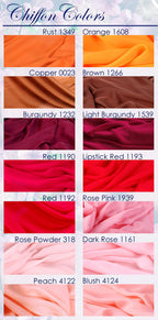 a collection of fabric swatches in various colors, including rust, orange, brown, burgundy, light burgundy, red, lipstick red, rose pink, peach, and pink.