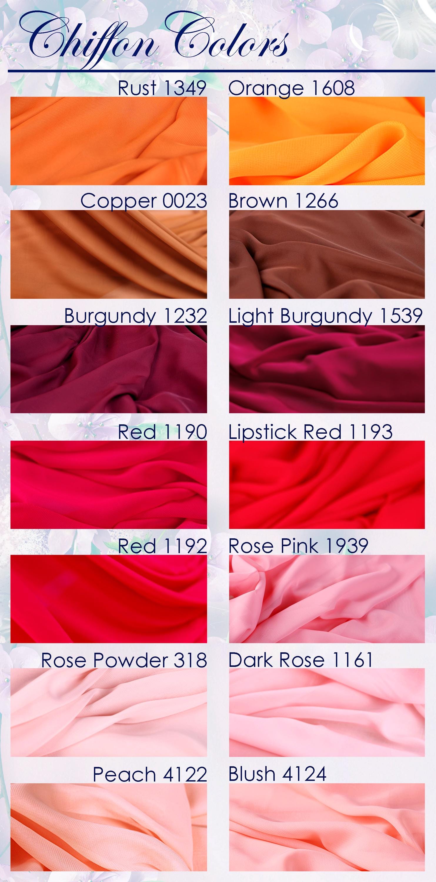 a collection of fabric swatches in various colors, including rust, orange, brown, burgundy, light burgundy, red, lipstick red, rose pink, peach, and pink.