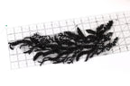 a close-up view of a black lace-like material with a floral pattern, placed on a ruler for scale.