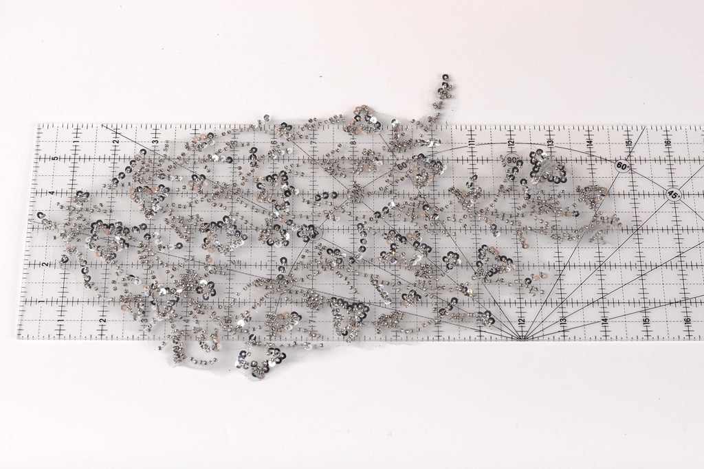 a collection of small, silver-colored sequins or beads arranged on a transparent surface, such as a piece of paper or a ruler.