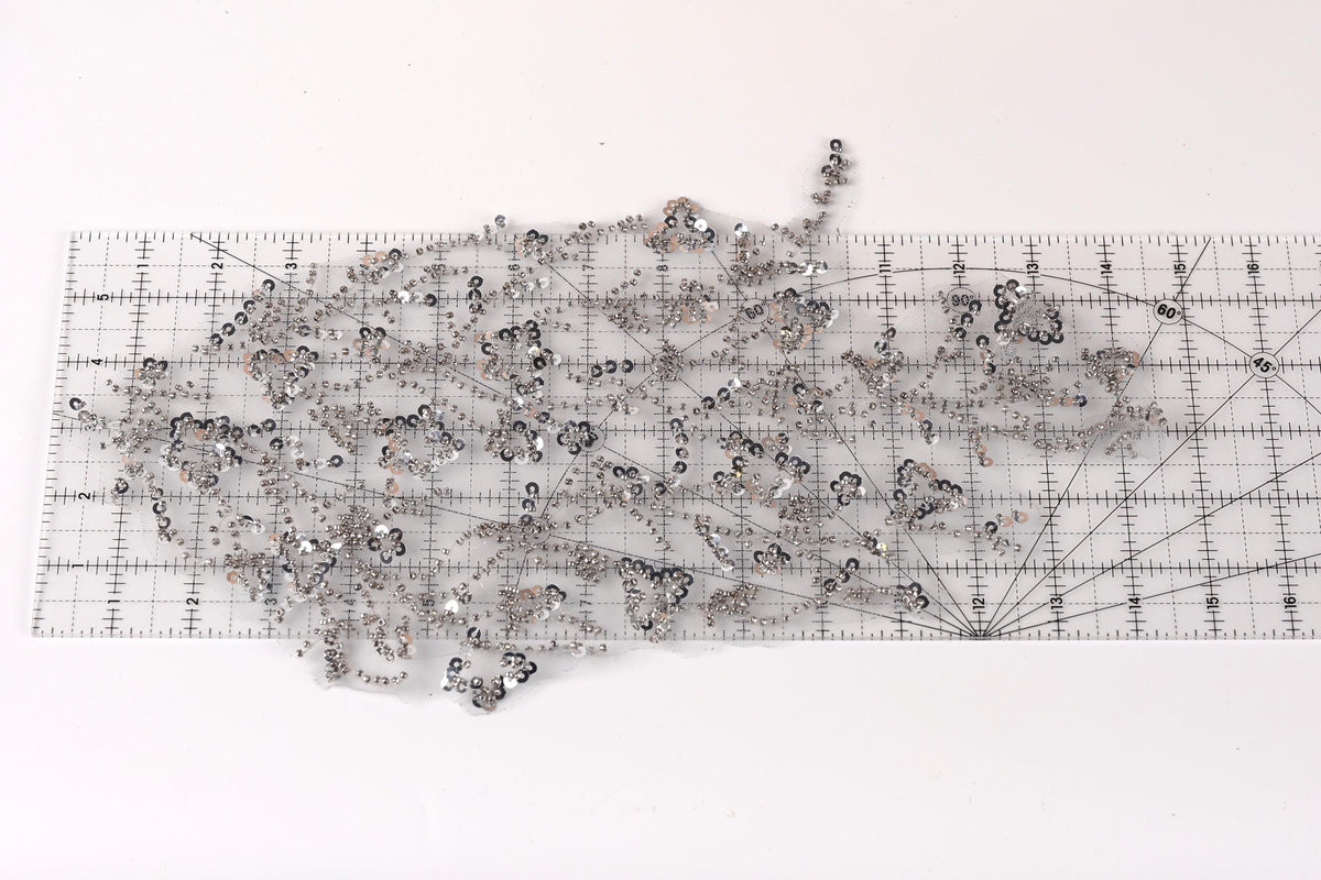 a collection of small, silver-colored sequins or beads arranged on a transparent surface, such as a piece of paper or a ruler.