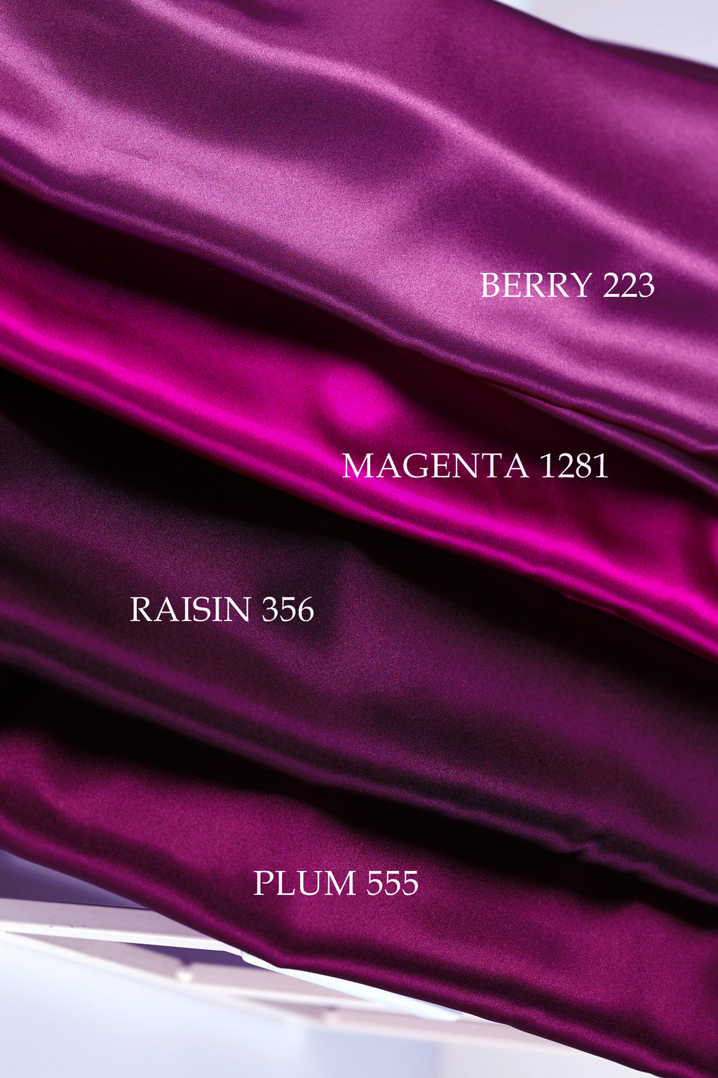 three different shades of purple fabric, each labeled with a number and a color name.