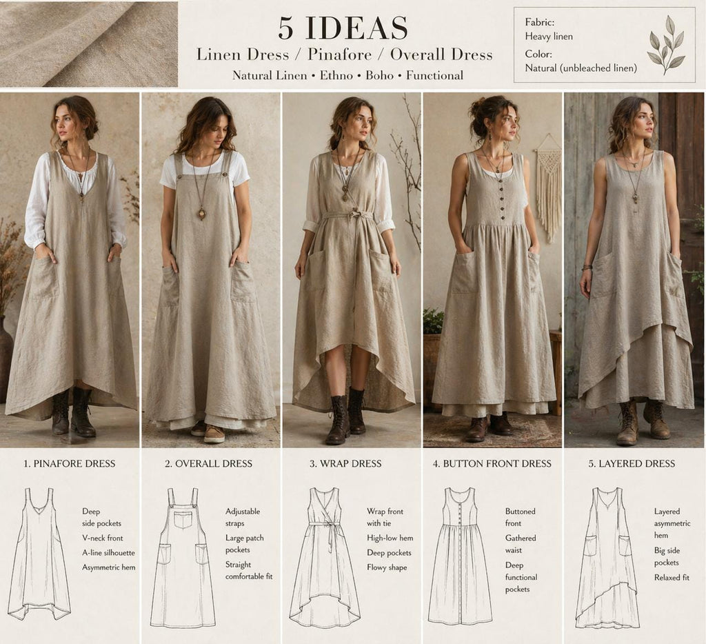 The image is a collage of five images showcasing different styles of dresses, including a pinafore dress, an overall dress, a wrap dress, a button front dress, and a layered dress.