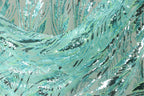 a close-up view of a fabric with a shimmering, turquoise-colored sequin pattern. The fabric appears to be made of a sheer material, with the sequins arranged in a swirling, wavy pattern that creates a sense of movement and texture. The background is a light blue color, which complements the turquoise of the sequins and adds to the overall visual appeal of the image.