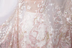 a close-up view of a delicate, lace-like fabric with a floral pattern in shades of pink and white. The fabric appears to be a part of a garment, possibly a dress or a blouse, with a sheer, flowing design. The intricate details and delicate nature of the fabric create a visually appealing and elegant appearance.