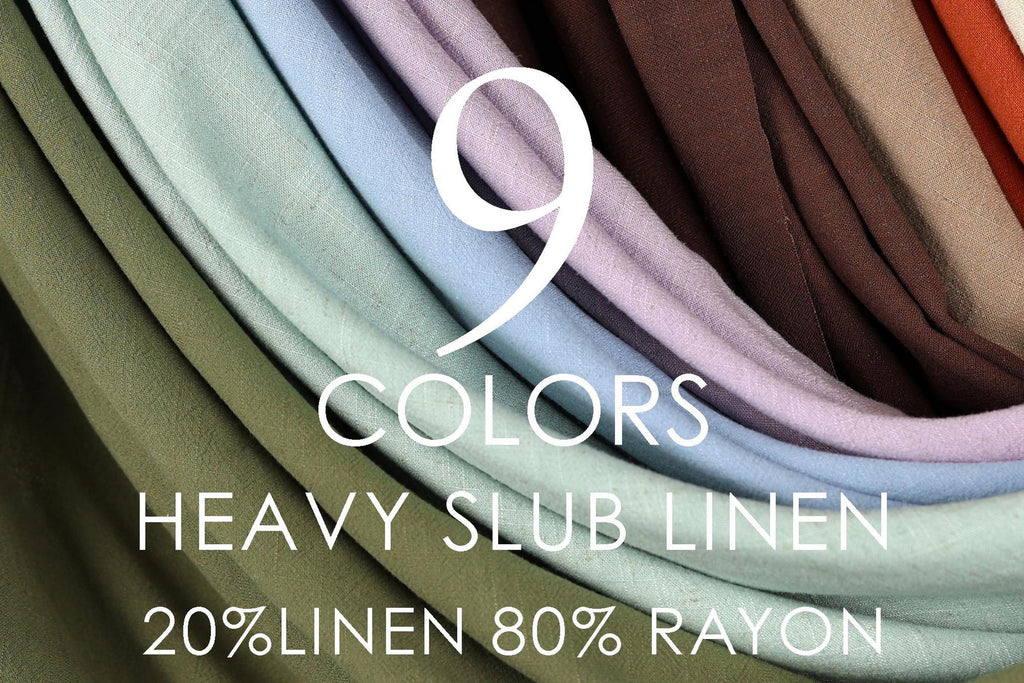 a variety of colored heavy slub linen fabric, with the text "9 COLORS HEAVY SLUB LINEN 20%LINEN 80%RAYON" indicating the different colors and their respective percentages.