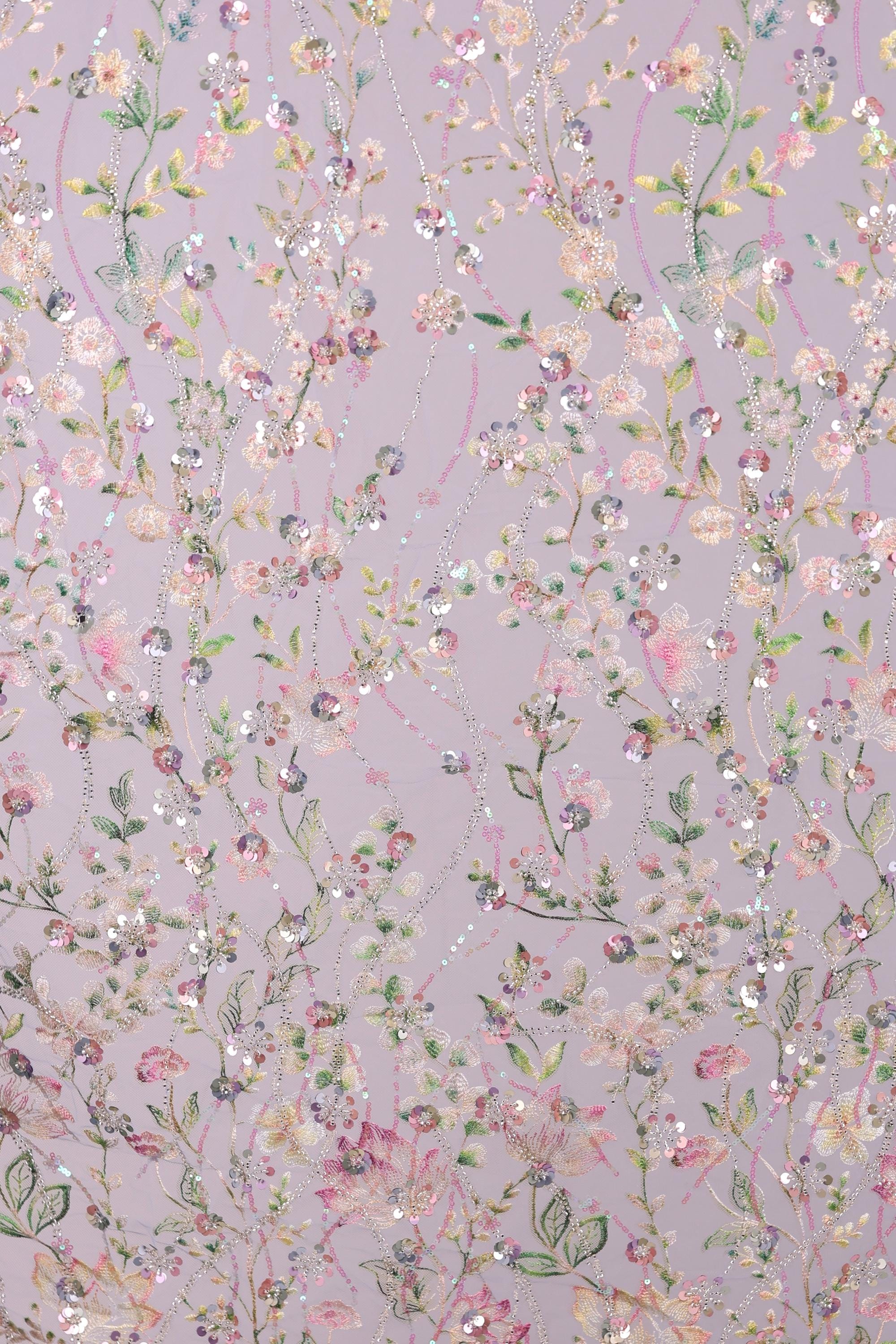 a vibrant and intricate floral pattern with various shades of pink, green, and yellow flowers and leaves. The pattern is composed of numerous small flowers and leaves, creating a visually striking and detailed design.