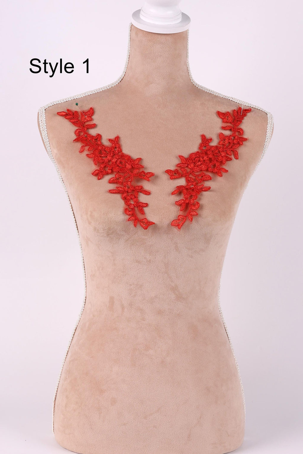 A mannequin with red embroidered flowers on the bust area, labeled as "Style 1".