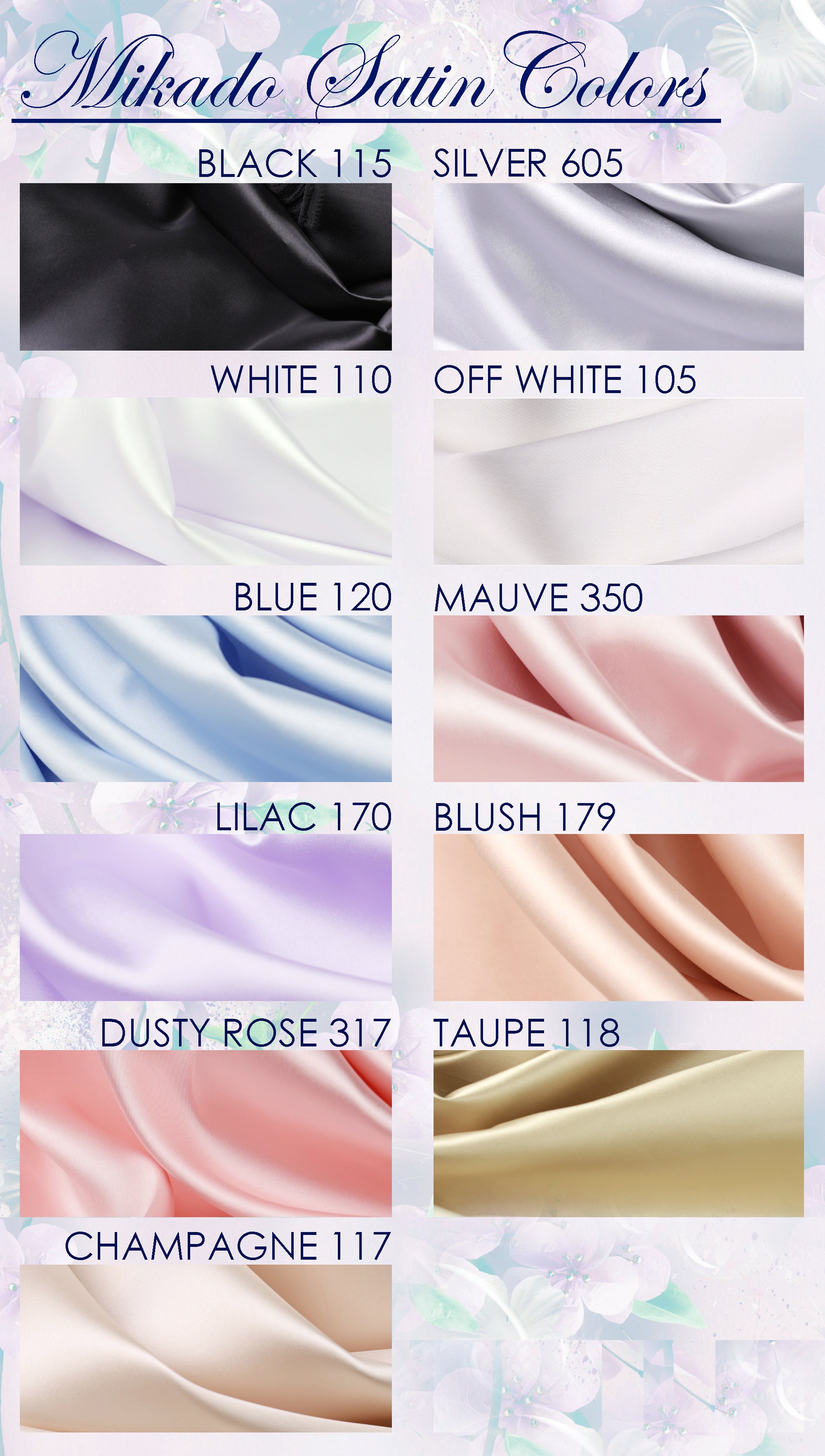 a collection of fabric swatches in various colors, including black, white, blue, purple, lilac, and pink. The swatches are arranged in a grid format, with each row representing a different color and each column representing a different fabric type. The text "Mikado Satin Colors" is visible at the top of the image, indicating the theme or subject of the collection.