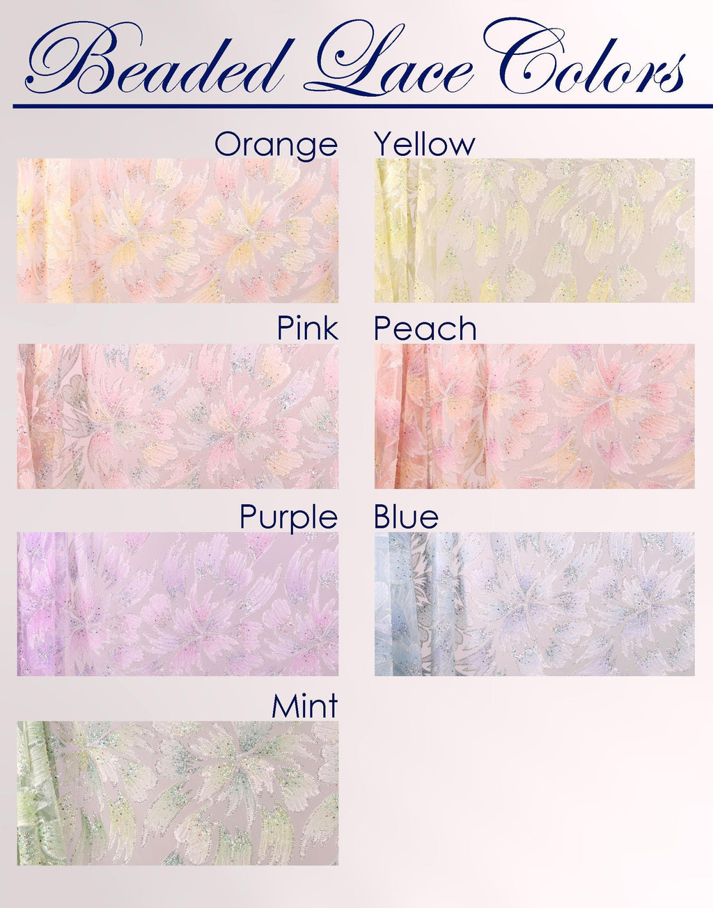 a collection of eight different colored lace fabrics, each with a unique pattern and color. The fabrics include orange, yellow, pink, peach, purple, blue, mint, and mint.