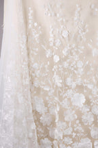 a close-up view of a delicate, white lace fabric with intricate floral embroidery. The fabric appears to be a wedding dress or a similar elegant garment, with the lace and floral patterns creating a visually appealing and delicate design.