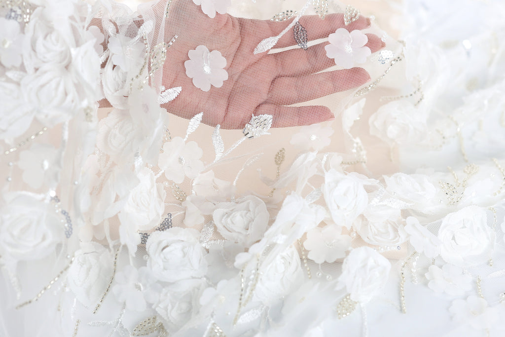 A hand is holding a delicate white lace fabric adorned with white flowers, creating a beautiful and intricate design.