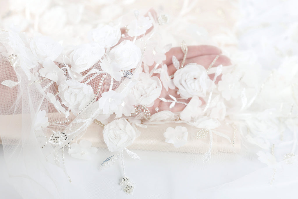 A close-up view of a delicate white lace veil adorned with white flowers, with a hand partially visible in the frame.