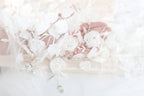 A close-up view of a delicate white lace veil adorned with white flowers, with a hand partially visible in the frame.