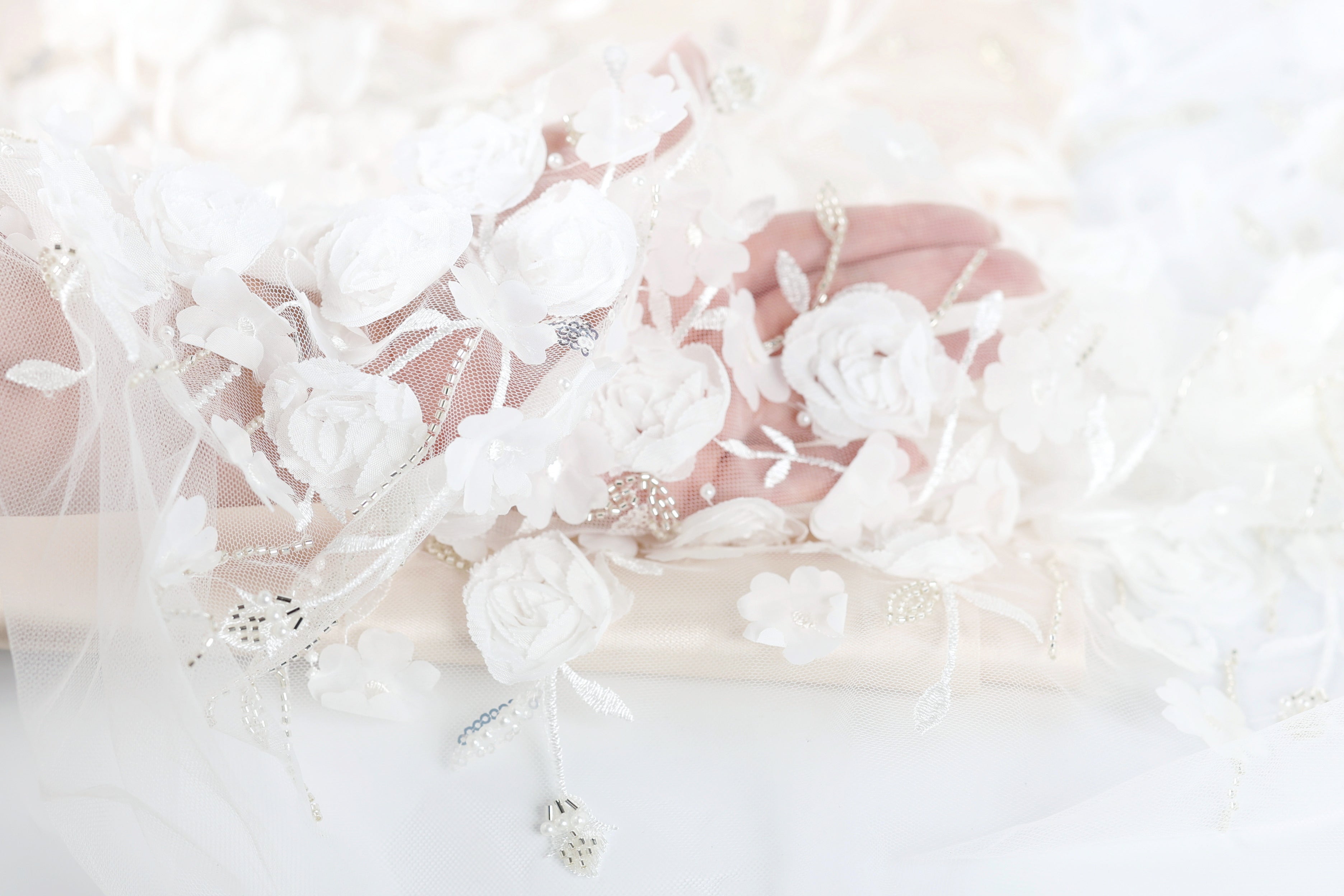 A close-up view of a delicate white lace veil adorned with white flowers, with a hand partially visible in the frame.