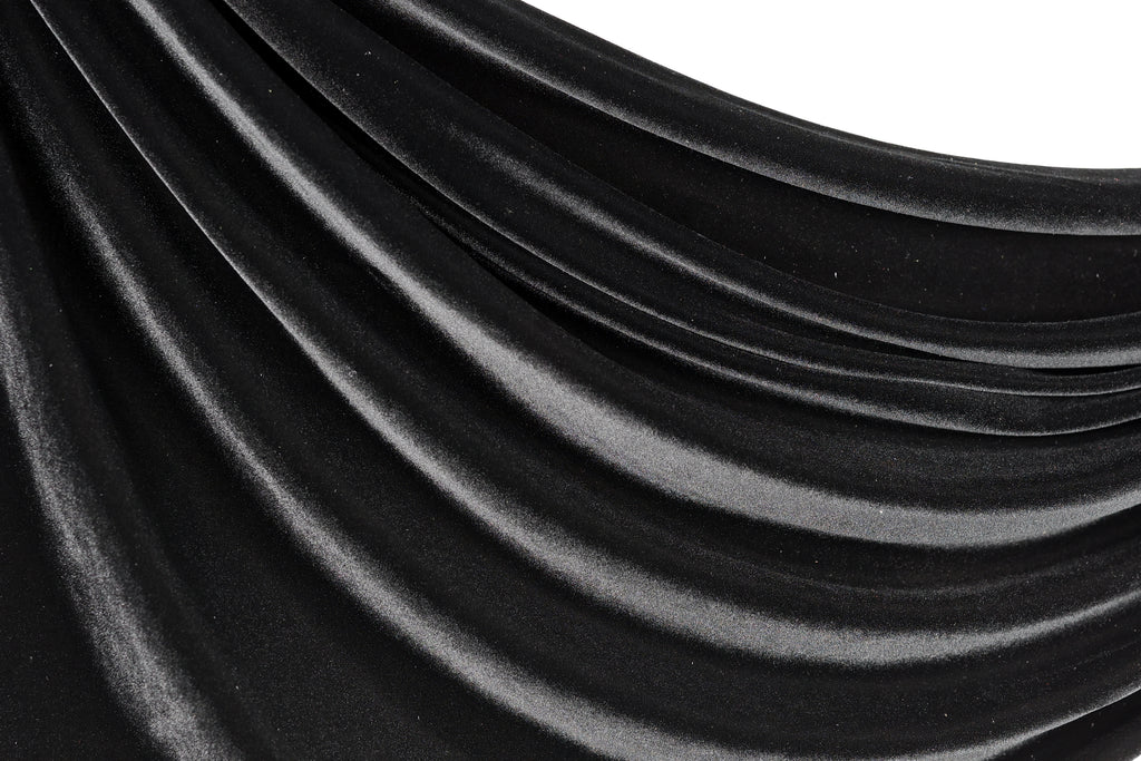 a close-up view of a shiny, black velvet fabric.