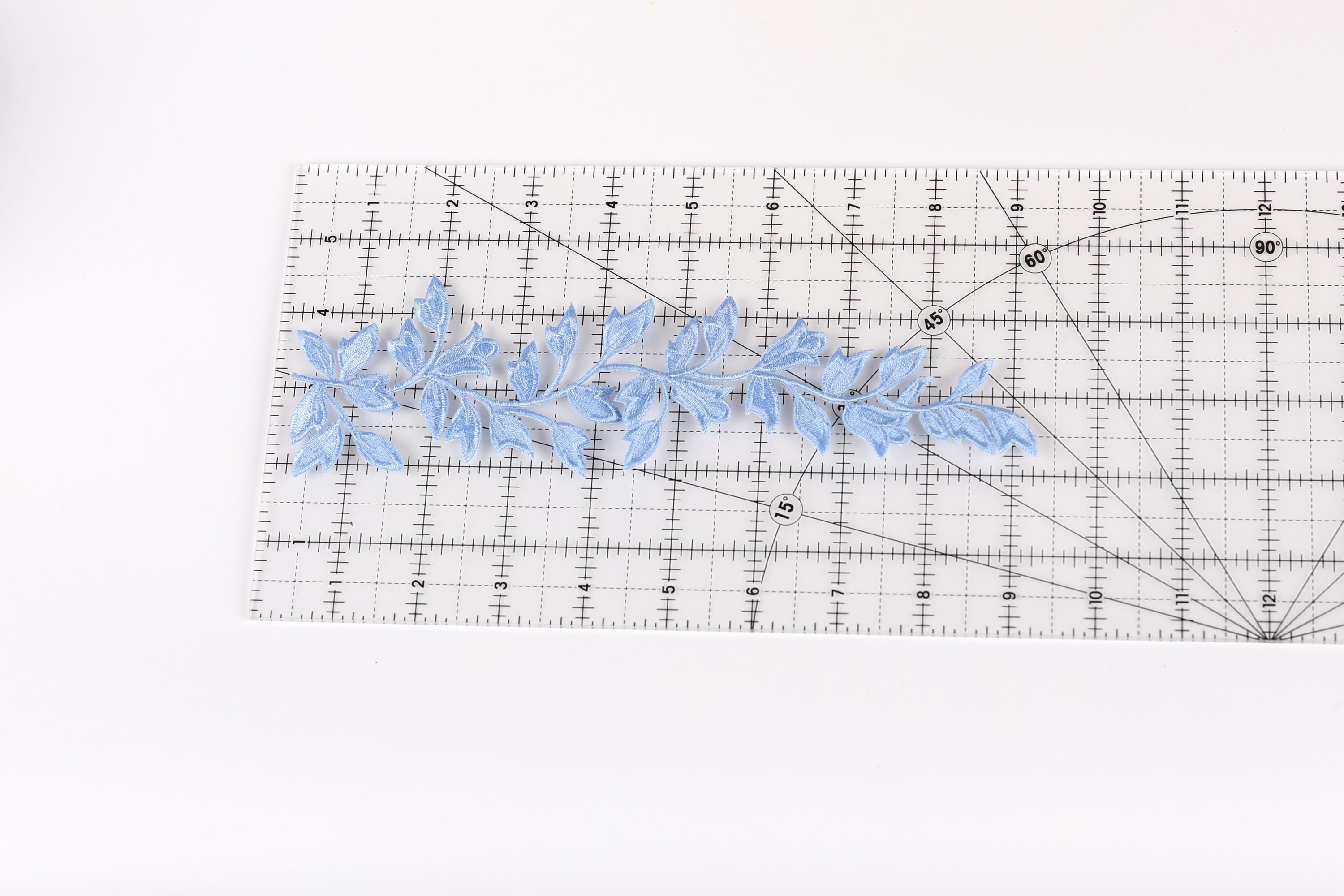 a clear ruler with a blue leaf pattern placed on it.