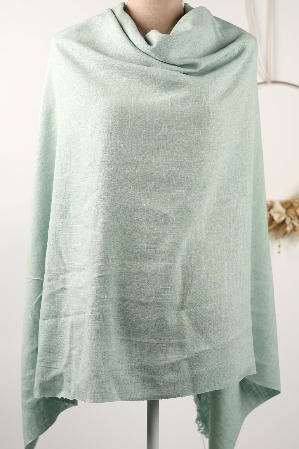 A light green, draped garment is displayed on a mannequin, with a blurred background.