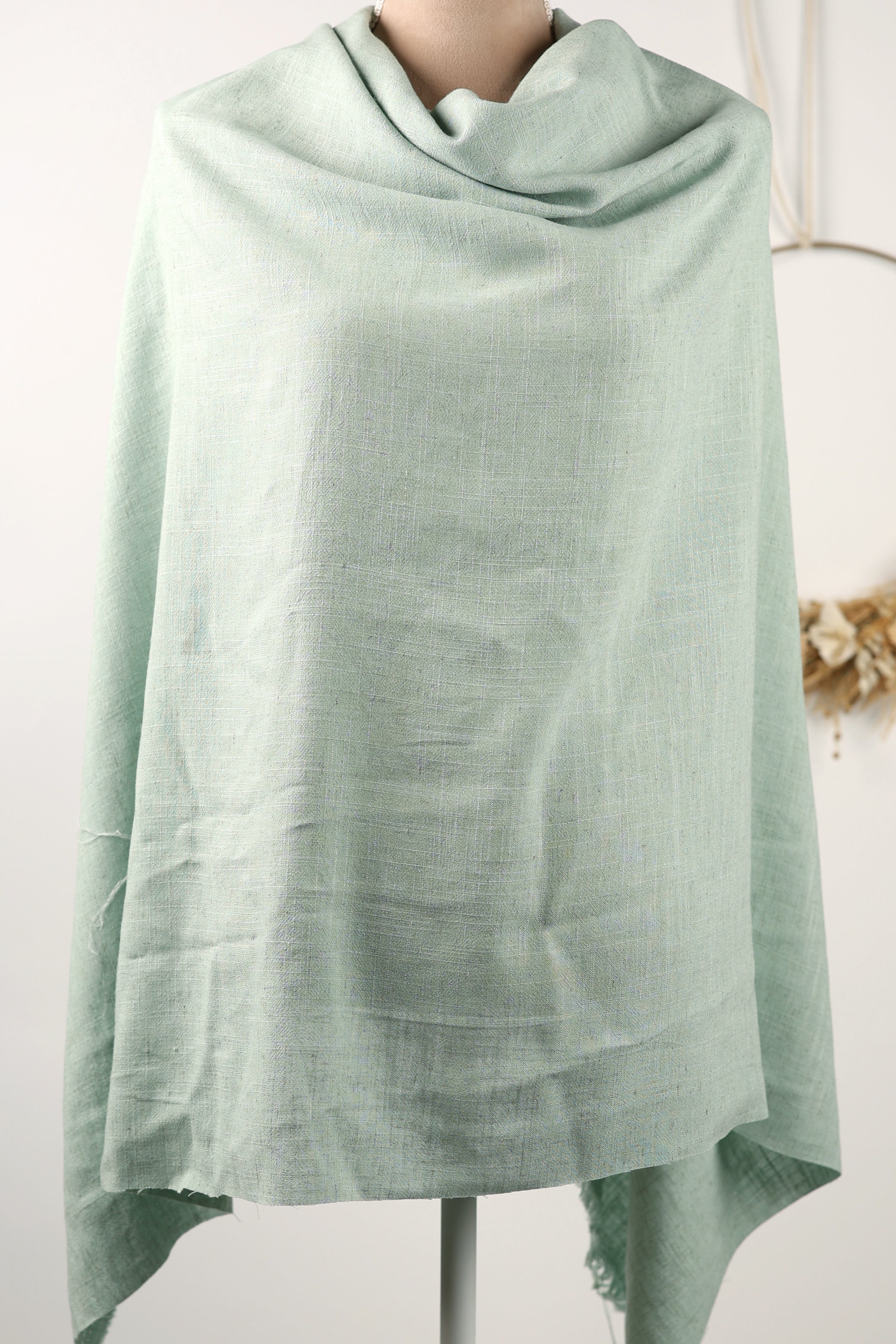 A light green, draped garment is displayed on a mannequin, with a blurred background.