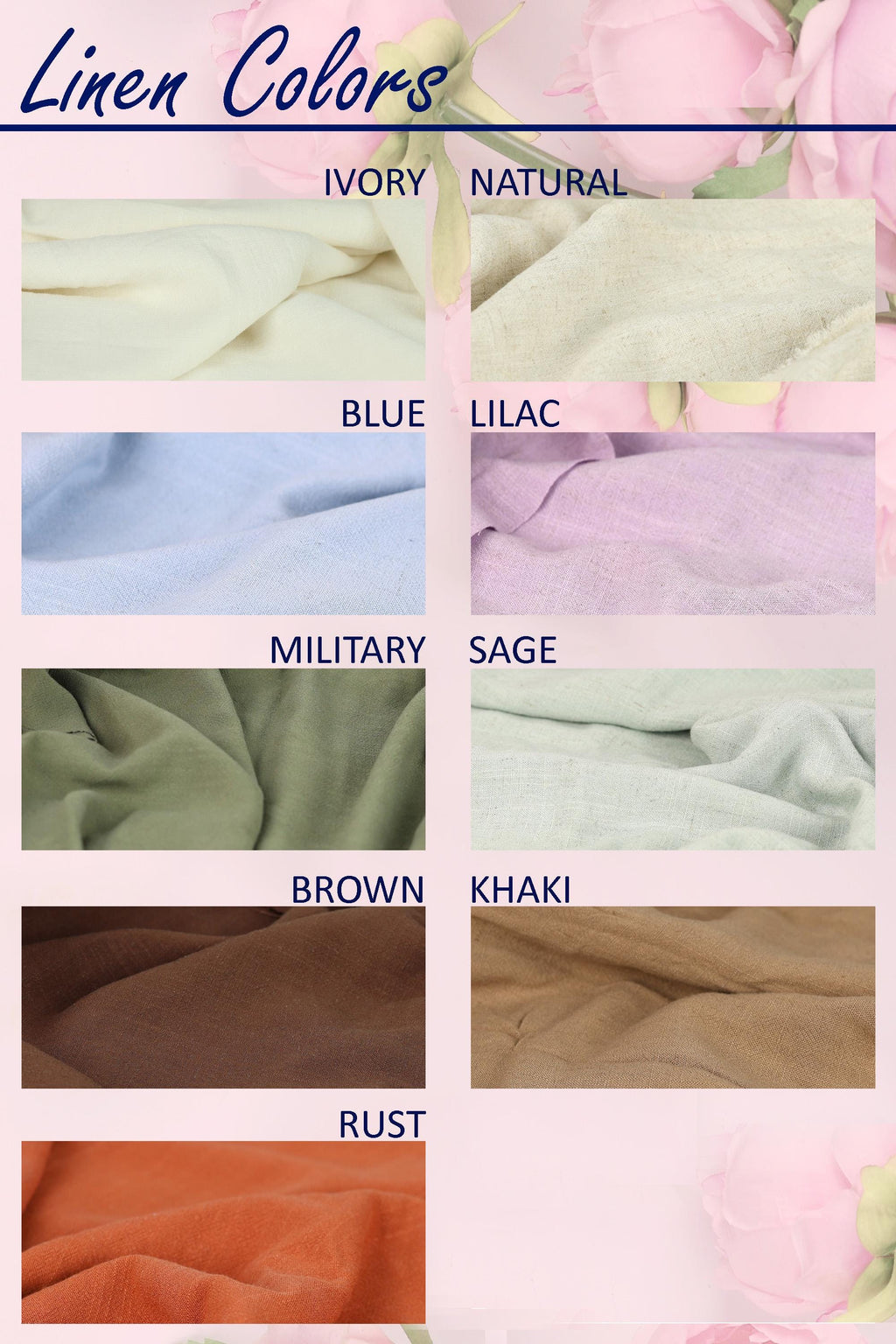 a collection of various colored linens, including white, ivory, natural, blue, lilac, military, sage, brown, khaki, and rust, arranged in a grid format.