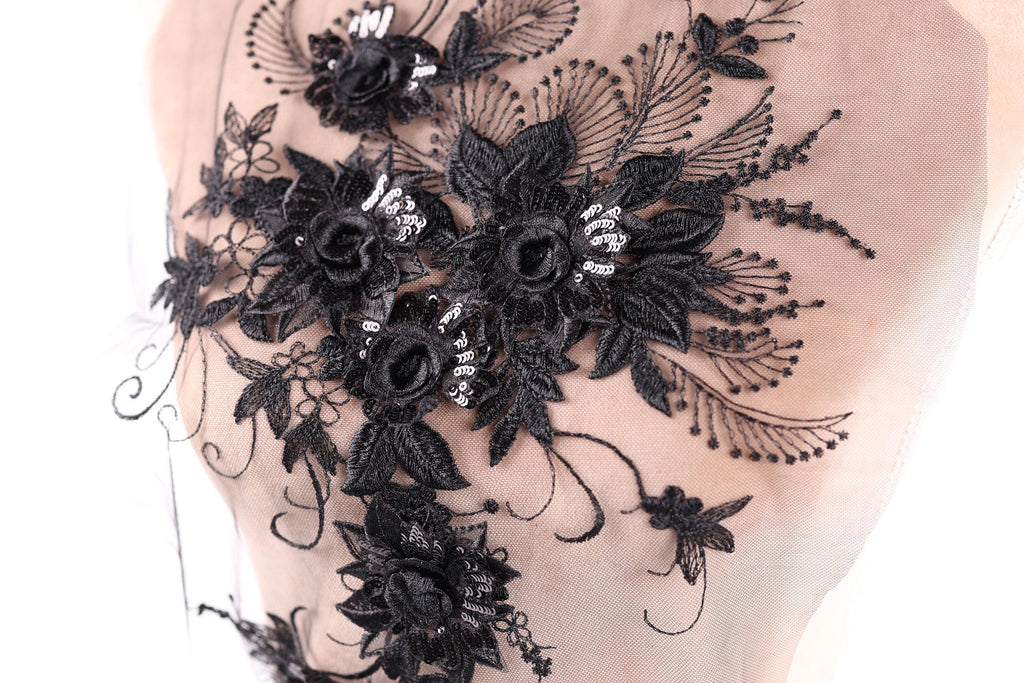 a close-up view of a delicate, intricate black lace design with floral elements.