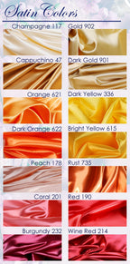 a collection of various satin colors, including Champagne 117, Gold 902, Cappuccino 47, Dark Gold 901, Orange 621, Dark Orange 622, Bright Yellow 615, Dark Orange 622, Bright Yellow 615, Peach 178, Rust 735, Coral 201, Red 190, Burgundy 222, and Wine Red 214.
