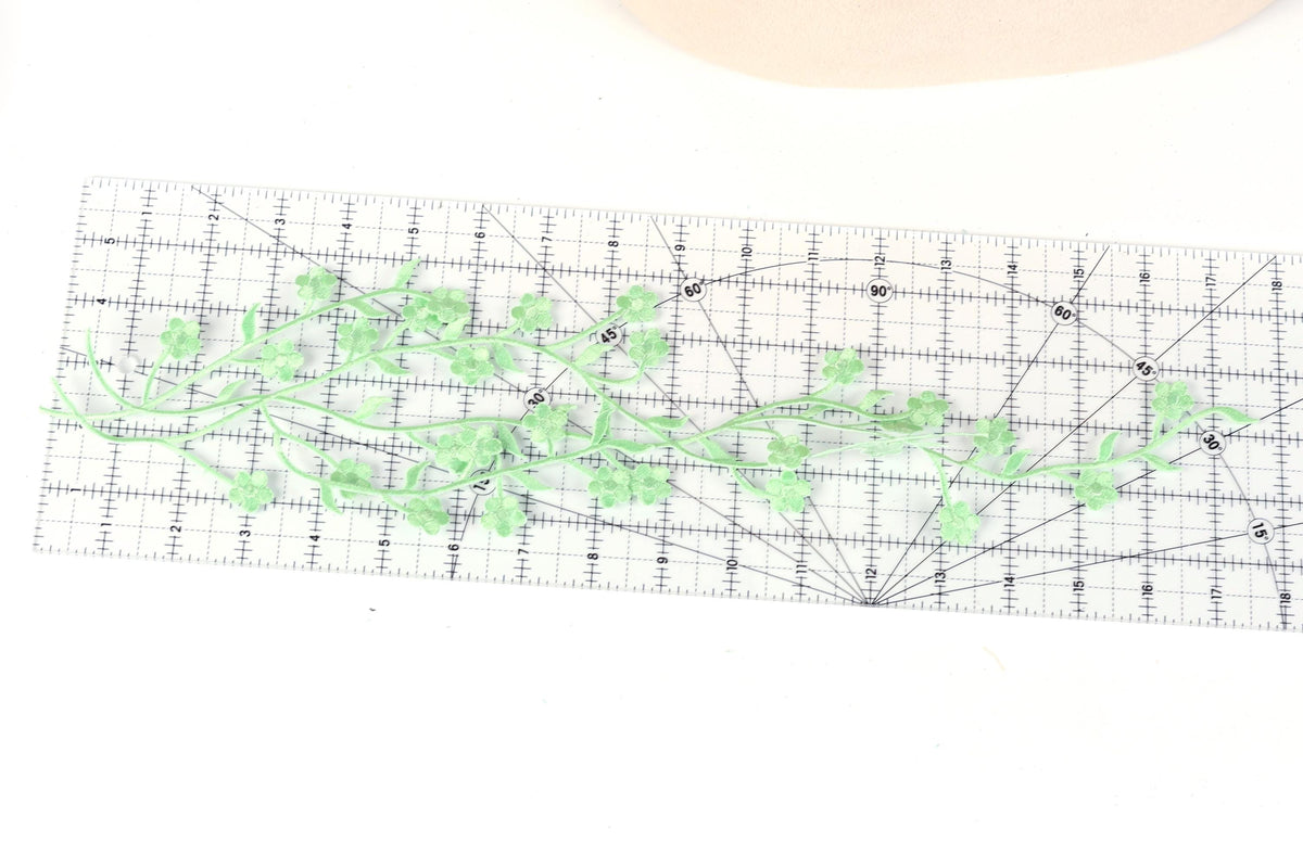 a clear ruler with green leaves and stems placed on it, indicating a measurement or design process.