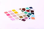 a collection of fabric swatches in various colors and patterns, arranged on a white background.