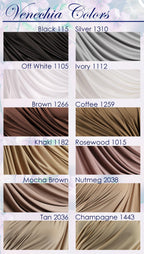 a collection of fabric swatches in various colors, including black, silver, white, brown, coffee, kaki, rosewood, mocha, nutmeg, tan, and champagne.
