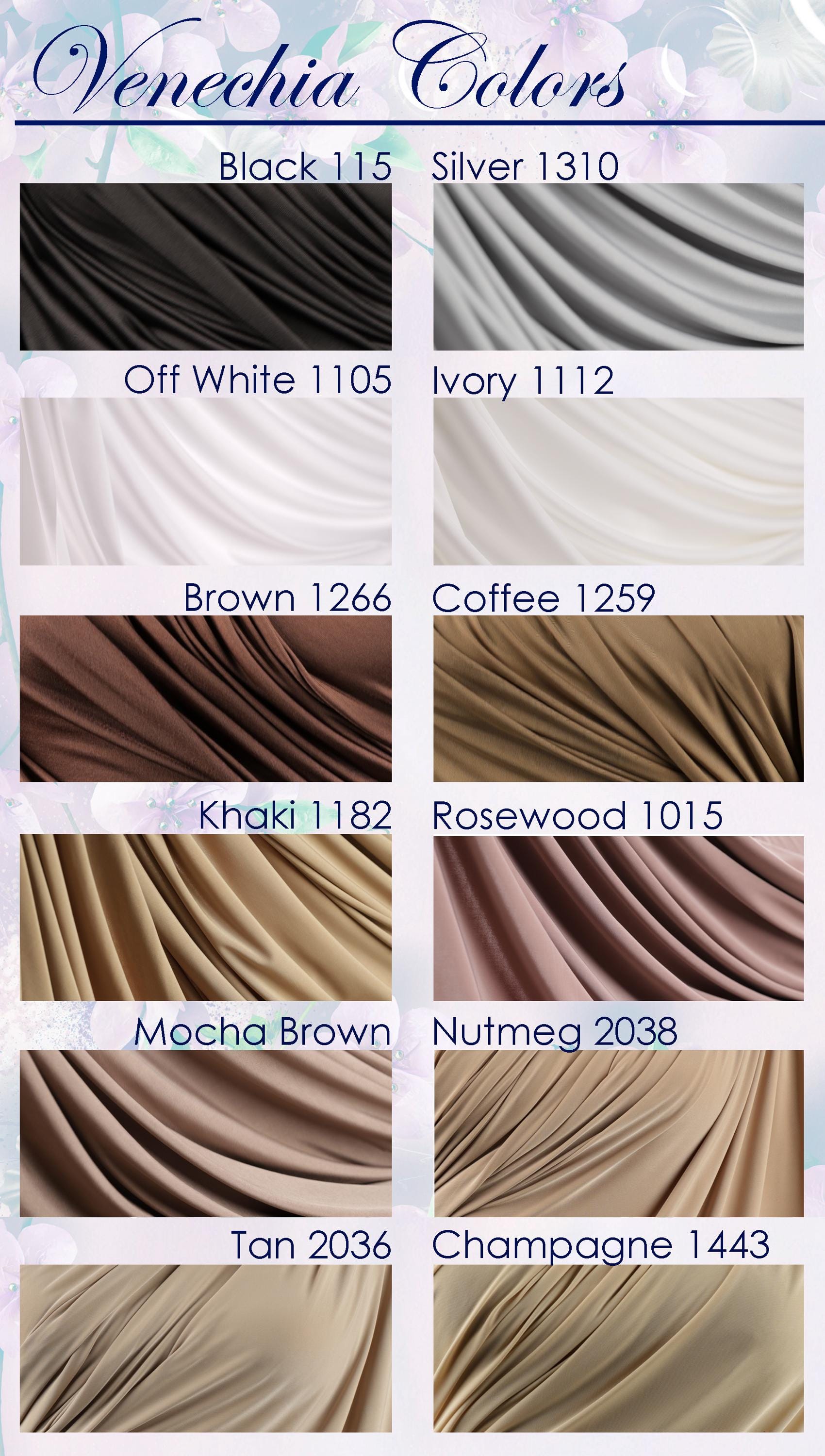 a collection of fabric swatches in various colors, including black, silver, white, brown, coffee, kaki, rosewood, mocha, nutmeg, tan, and champagne.