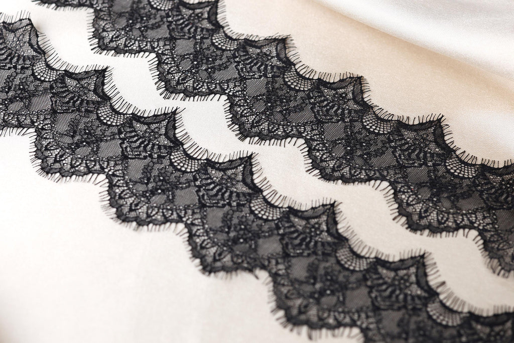 a close-up view of a delicate black lace fabric with intricate patterns and textures.