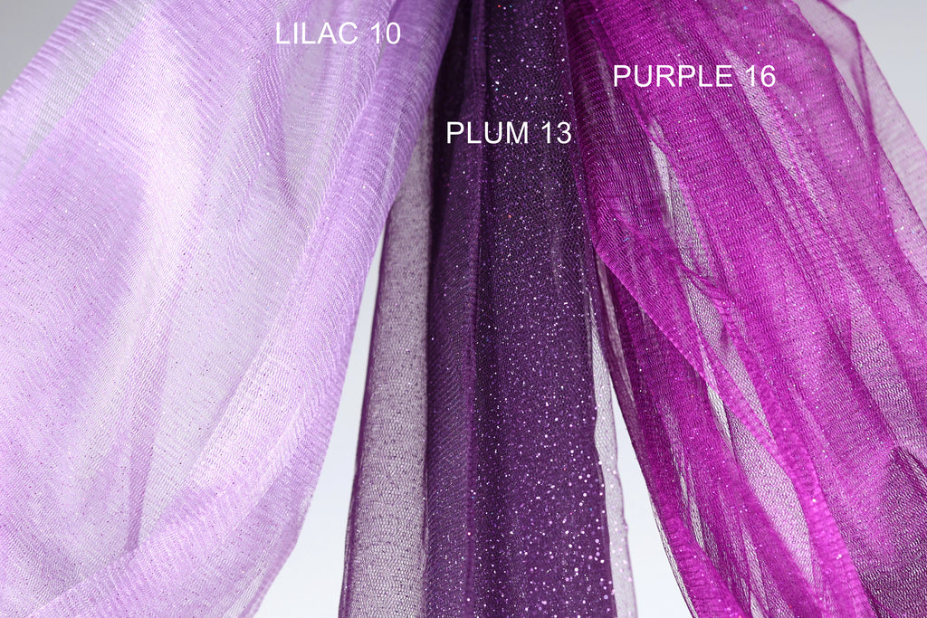 three different fabric swatches, each with a distinct color and texture: a white fabric labeled 'LILAC 10', a purple fabric labeled 'PURPLE 16', and a purple fabric labeled 'PLUM 13'.