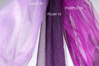 three different fabric swatches, each with a distinct color and texture: a white fabric labeled 'LILAC 10', a purple fabric labeled 'PURPLE 16', and a purple fabric labeled 'PLUM 13'.