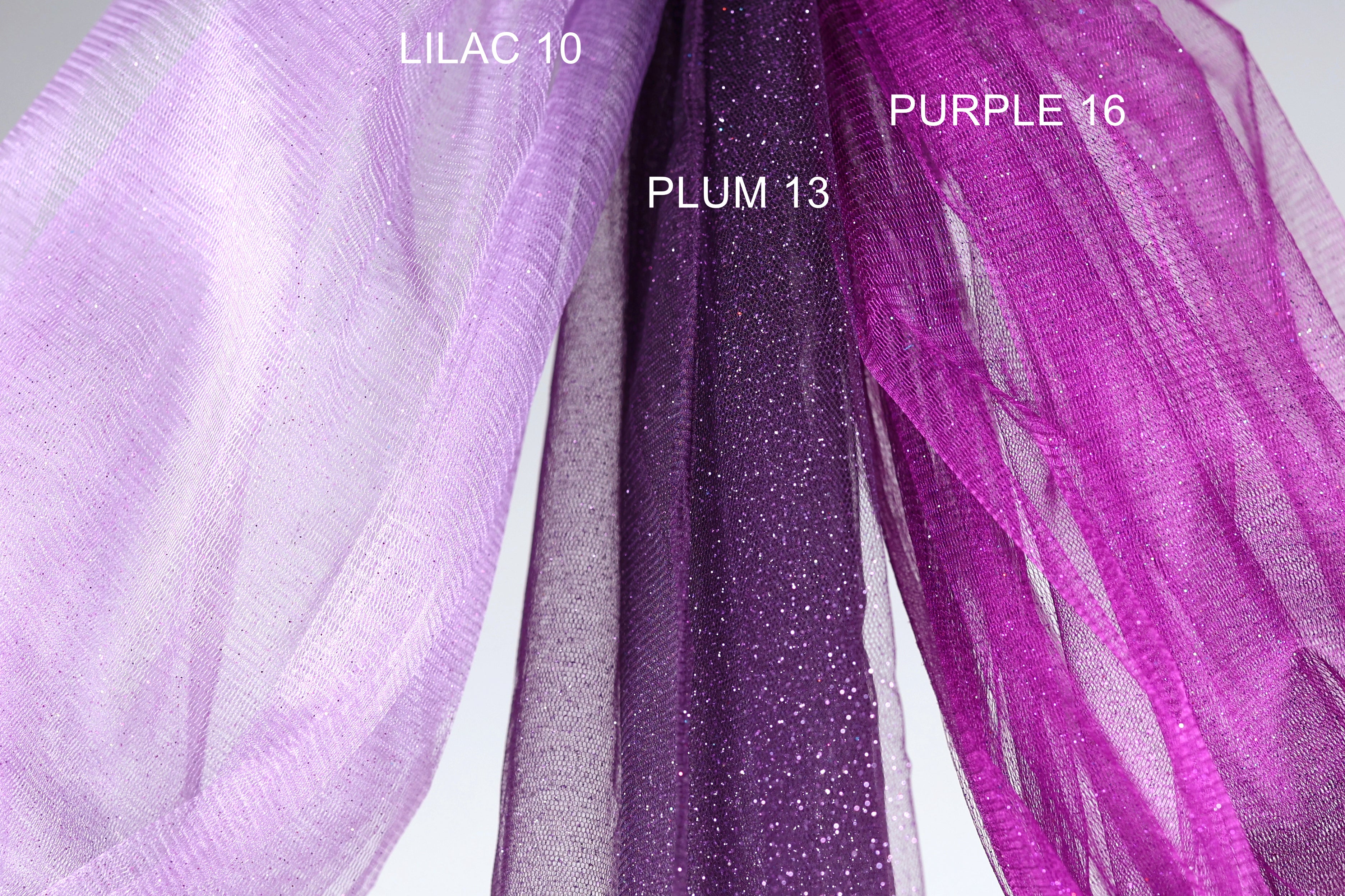 three different fabric swatches, each with a distinct color and texture: a white fabric labeled 'LILAC 10', a purple fabric labeled 'PURPLE 16', and a purple fabric labeled 'PLUM 13'.