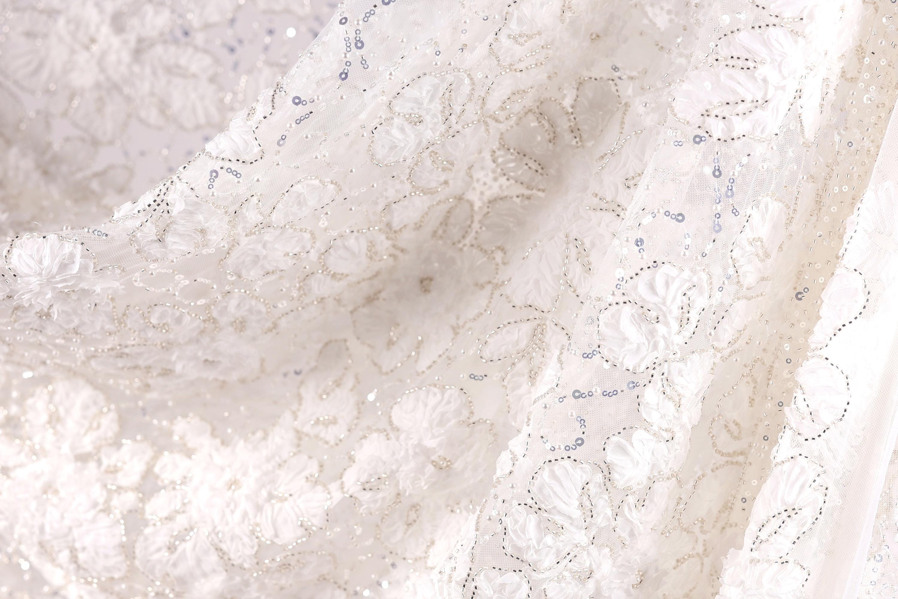The image is a close-up of a delicate, white lace fabric with intricate floral patterns.