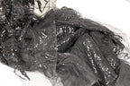 a close-up view of a black and silver sequined fabric, with a mix of sheer and solid sequin material. The fabric appears to be a decorative piece, possibly used for clothing or other textile applications.