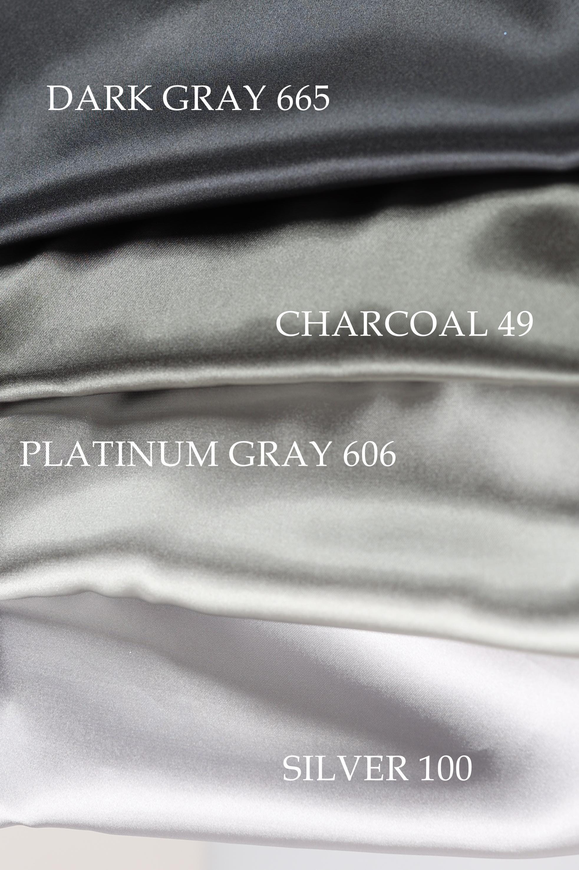 four different shades of gray fabric, each labeled with its name: "DARK GRAY 665", "CHARCOAL 49", "PLATINUM GRAY 606", and "SILVER 100".