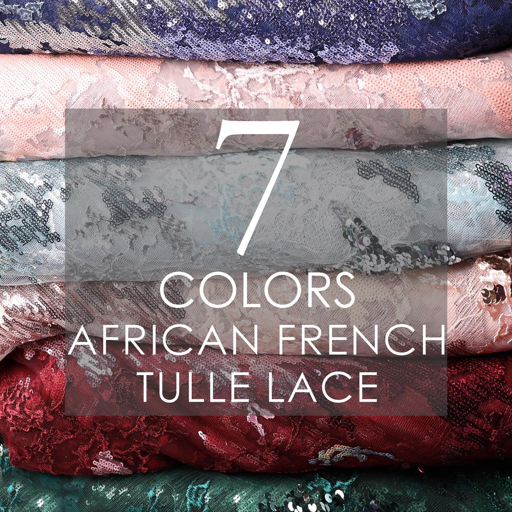 A stack of various colorful fabrics, including African and French tulle lace, with the text "7 COLORS AFRICAN FRENCH TULLE LACE" overlaid on the image.