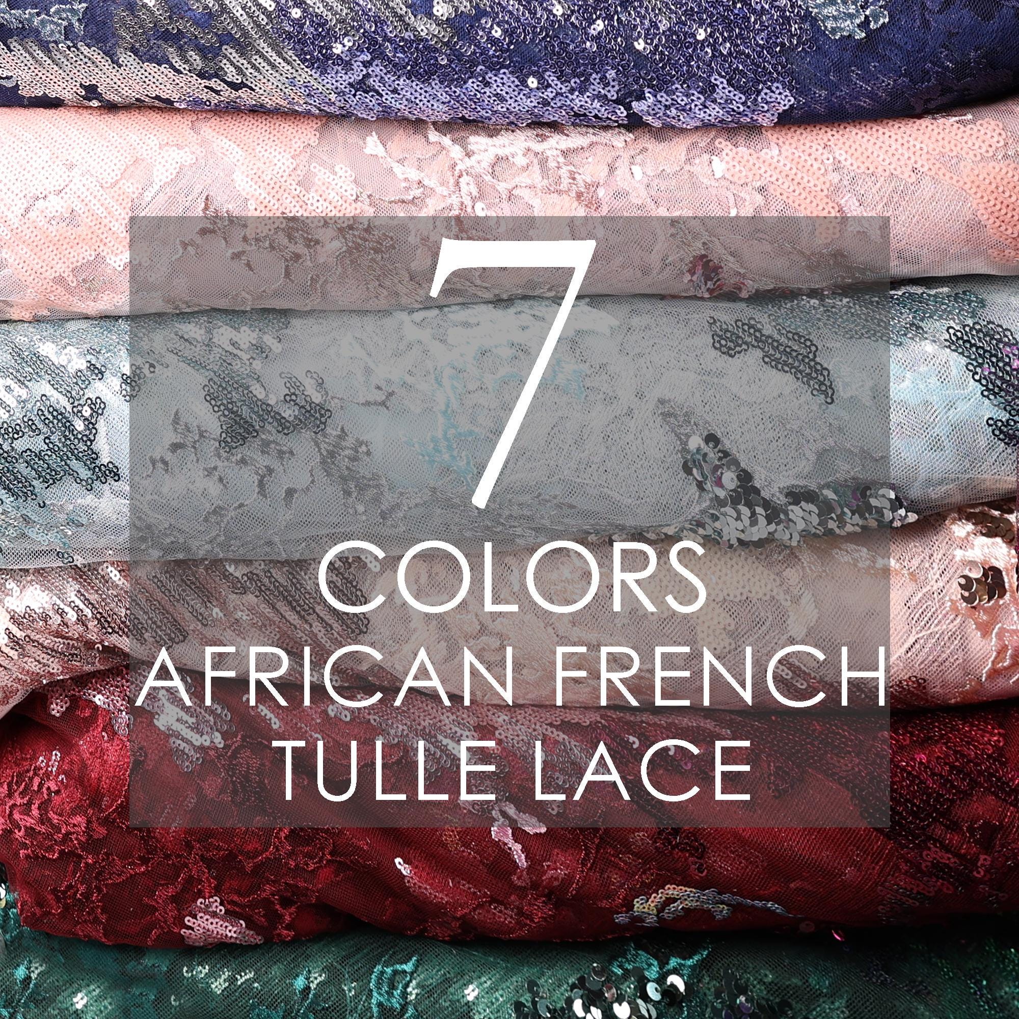 A stack of various colorful fabrics, including African and French tulle lace, with the text "7 COLORS AFRICAN FRENCH TULLE LACE" overlaid on the image.