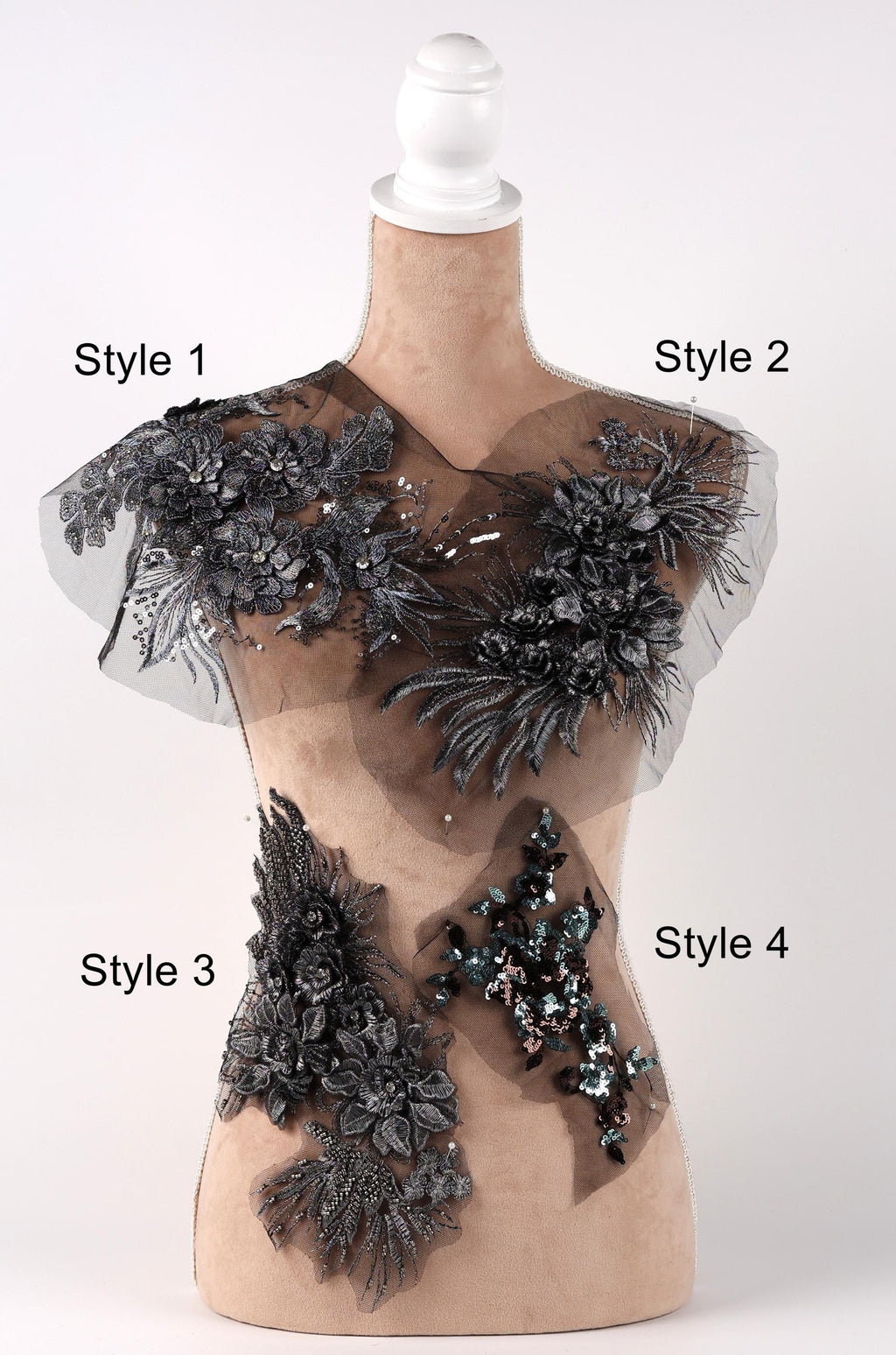 A mannequin with various decorative elements on its torso, including floral and sequin embellishments.