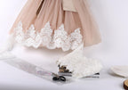 a light pink tulle skirt with white lace trim, along with a pair of scissors, a ruler, and some books.