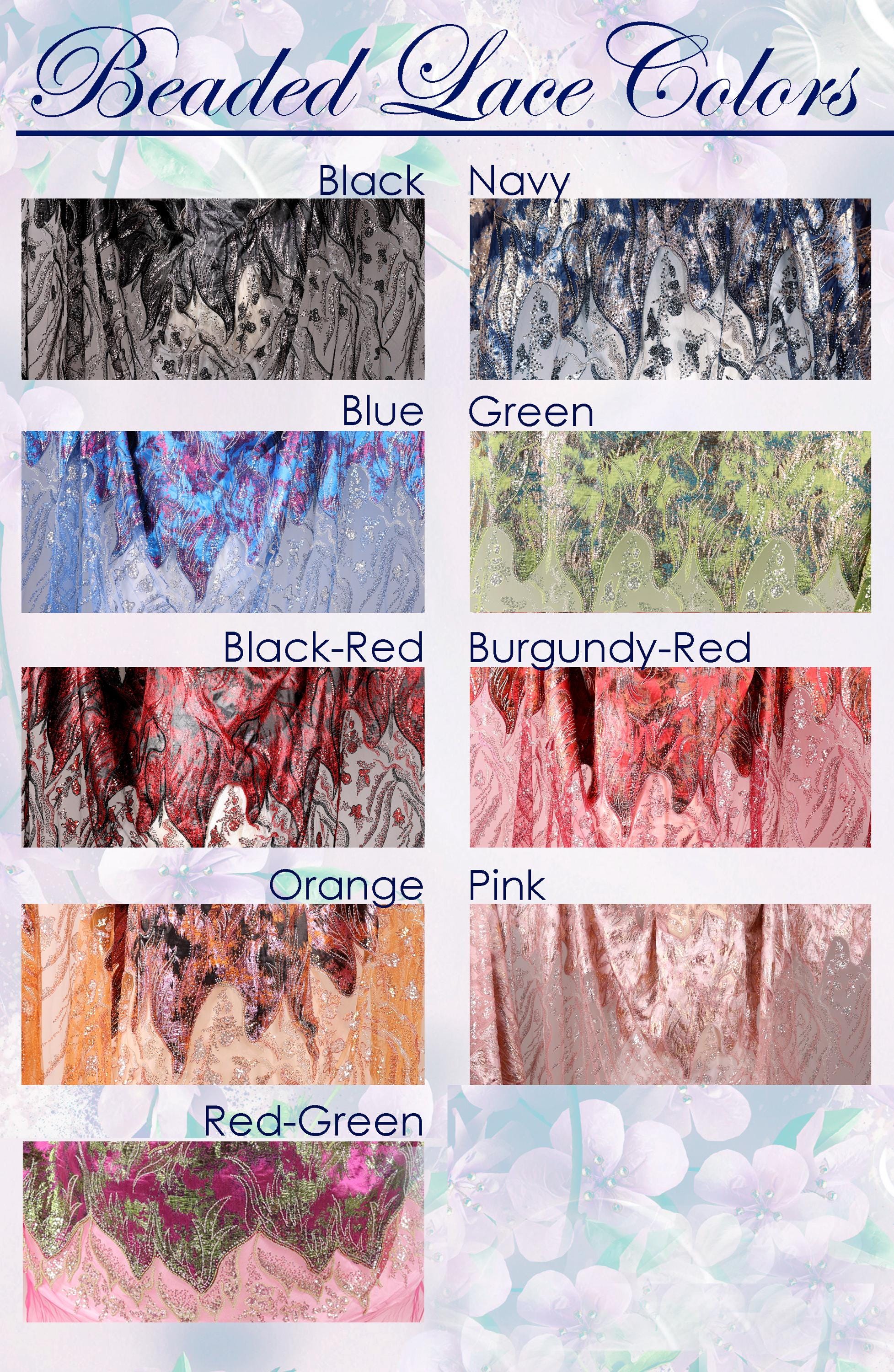 a collection of various colored lace fabrics, including black, navy, blue, green, burgundy, orange, pink, red, and green.